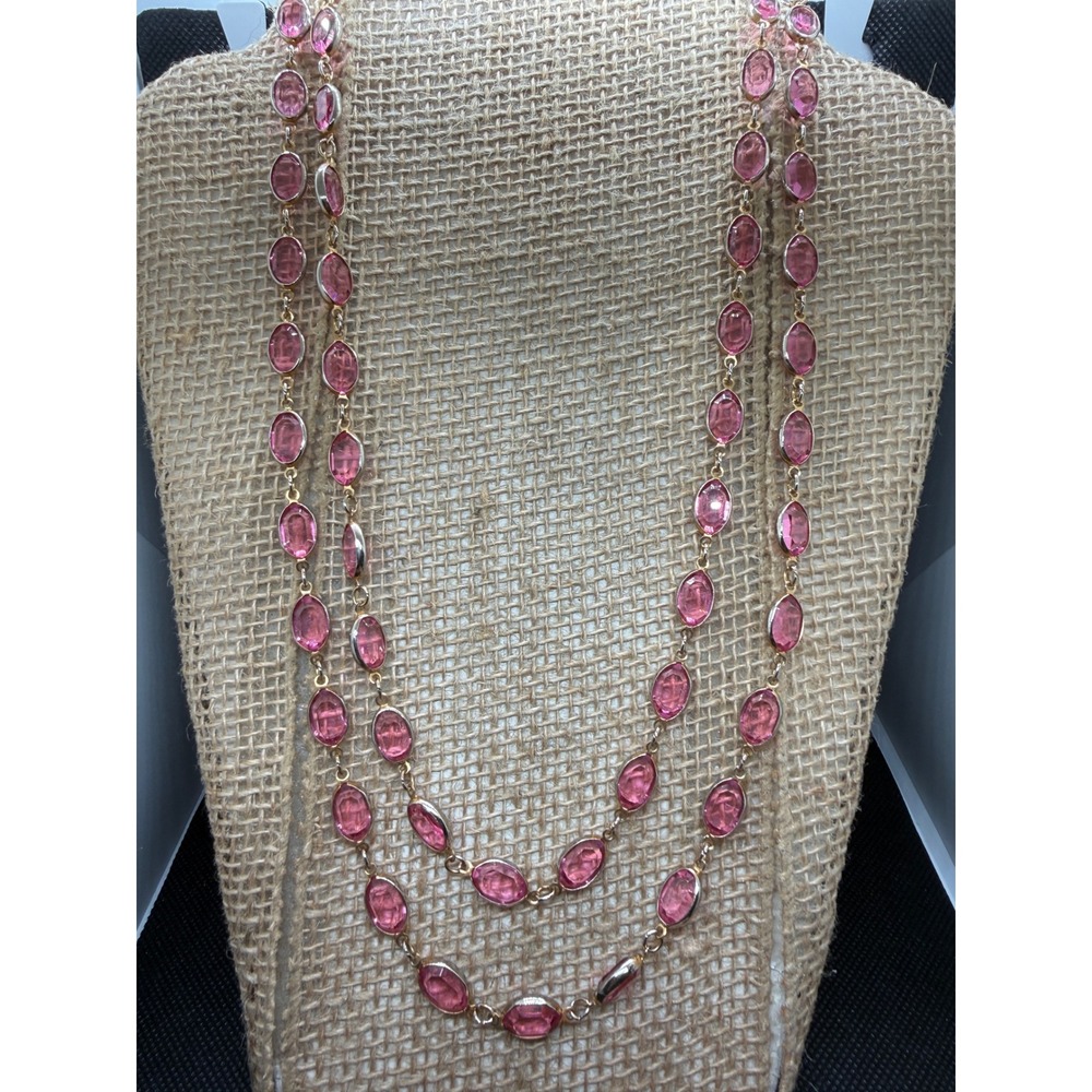 Pink Oval Glass Stone Gold Tone Long Station Layering Necklace 42"